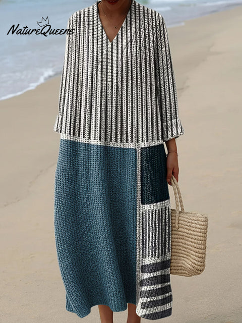 Geometric Lines And Square Decorative Patterns Women's Casual V-collar Long Sleeve Dress