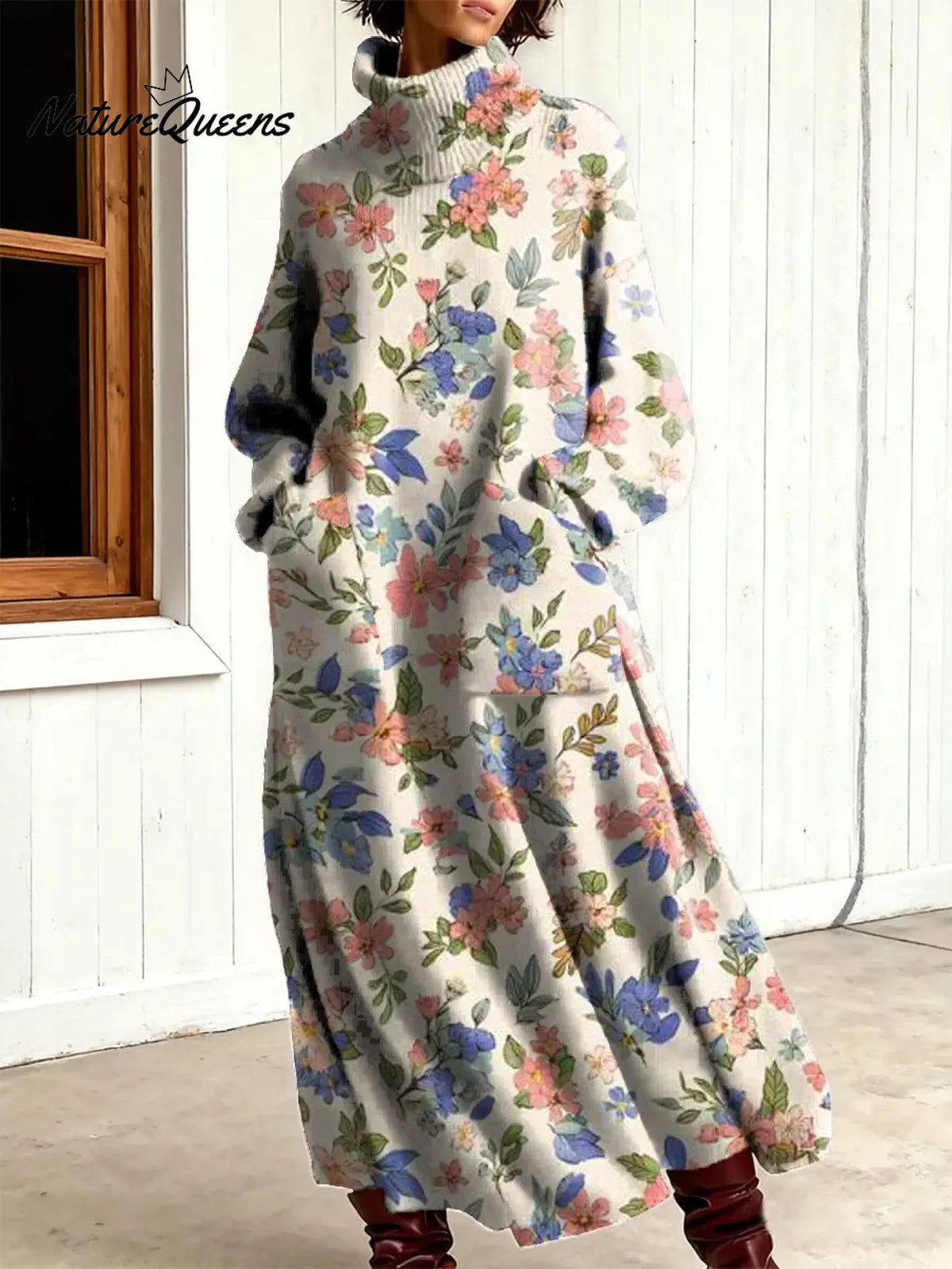 Women's Vintage Flower Art Print Casual Cotton Knitted Dress