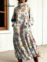Women's Vintage Flower Art Print Casual Cotton Knitted Dress