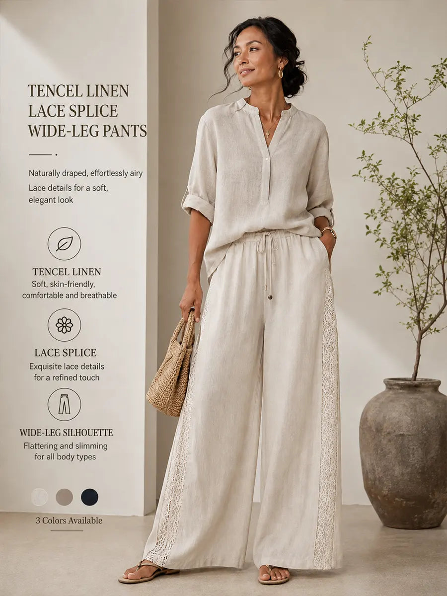 Comfortable Patchwork Lace Tencel Linen Wide-leg Pants