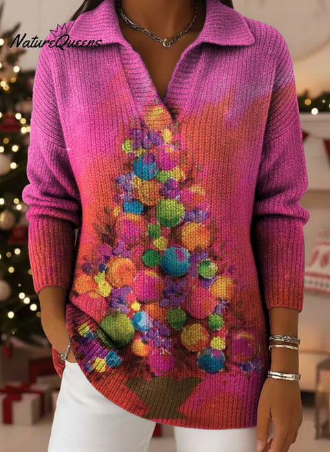 Christmas Tree Bow Art Pattern Art Polo Collar Shiny Loose Sweater Top