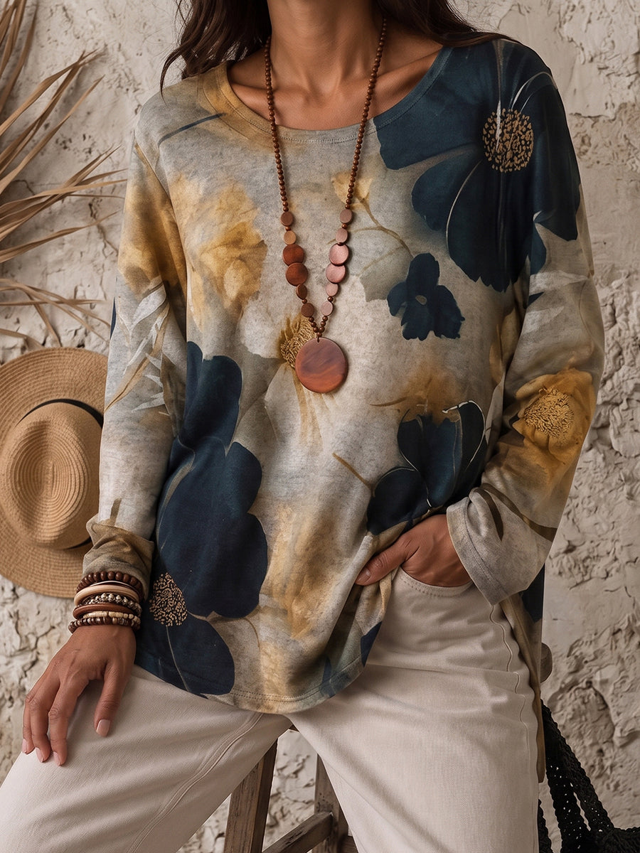 Cozy Vintage Floral Print Cotton Top