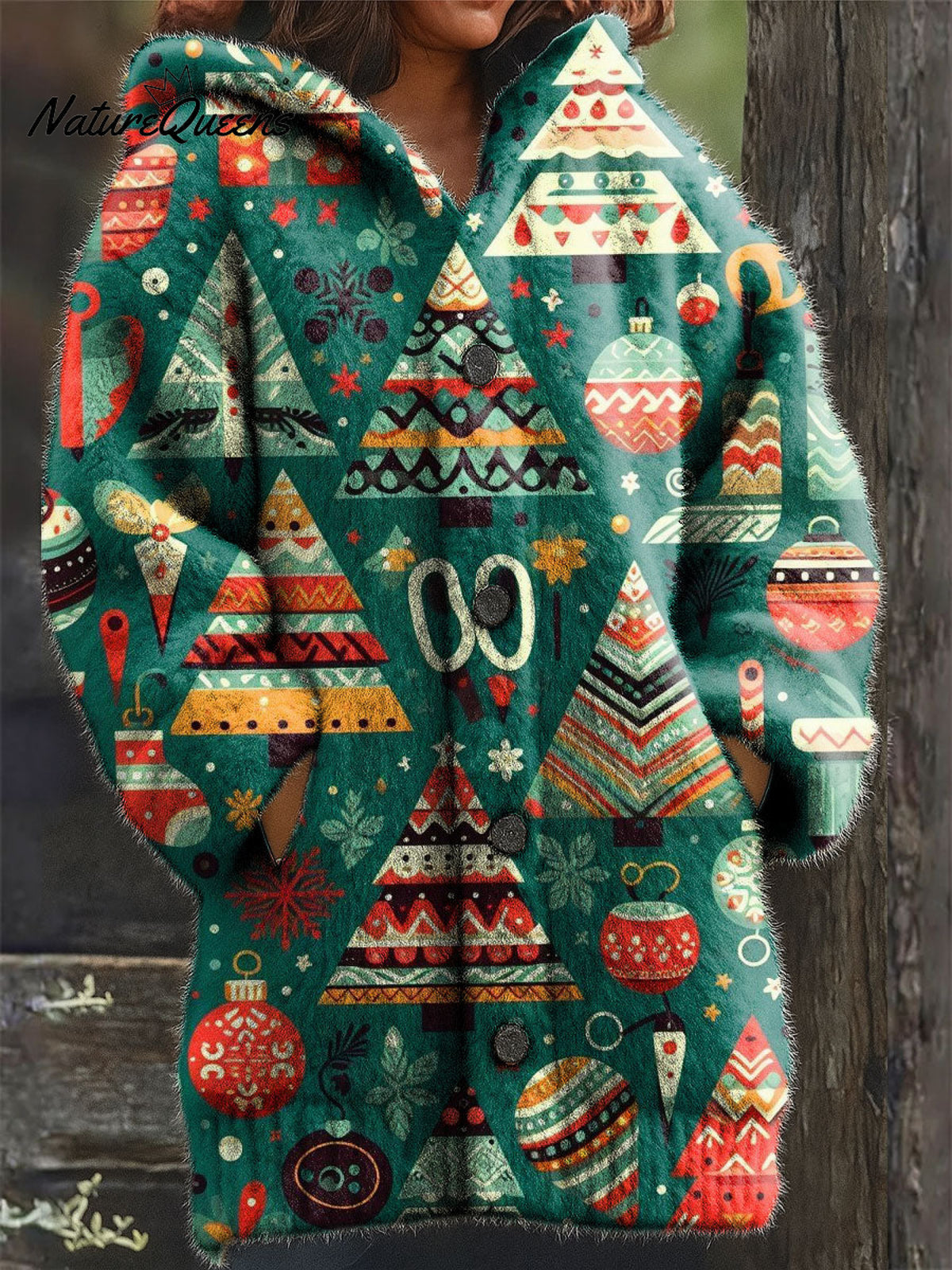Women's Christmas Ethnic Group Bell Tree Pattern Art Print Casual Plush Warm Coat