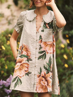 Women's Retro Floral Art Casual Short Sleeve Cotton Linen Short Dress