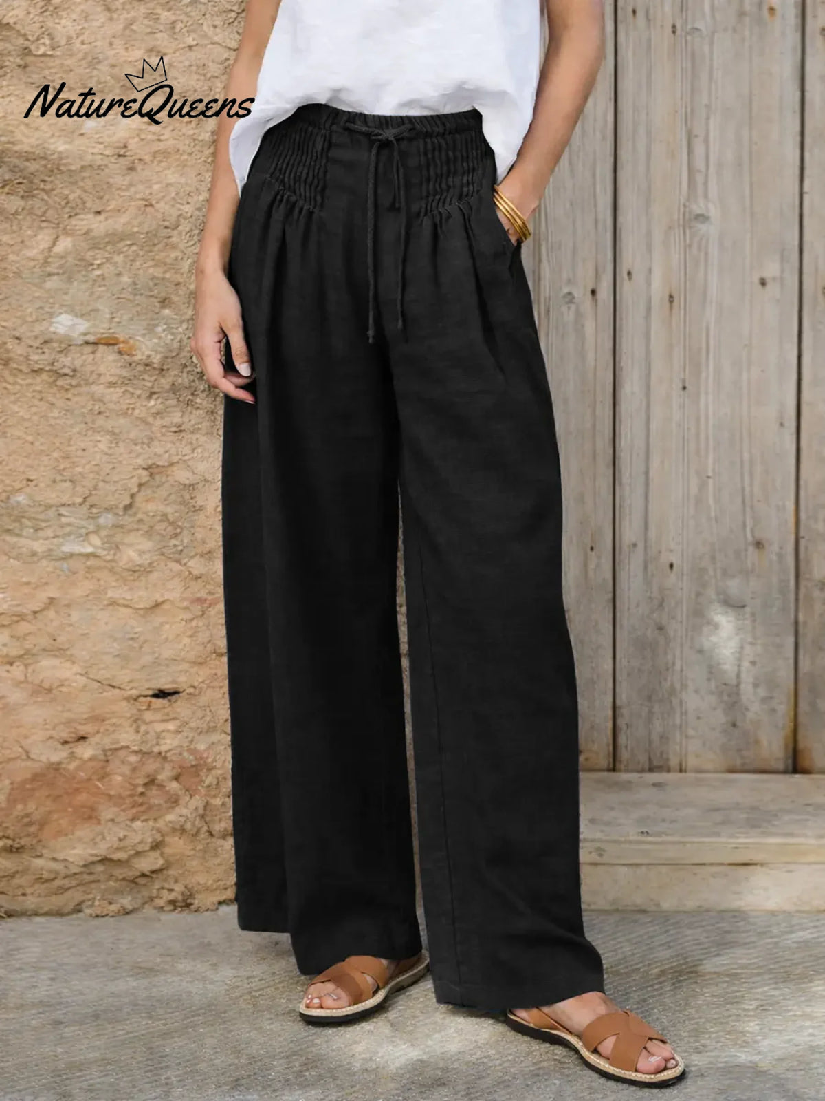 Women's Solid Color High-waisted Pleated Casual Loose Cotton And Linen Wide-leg Pants
