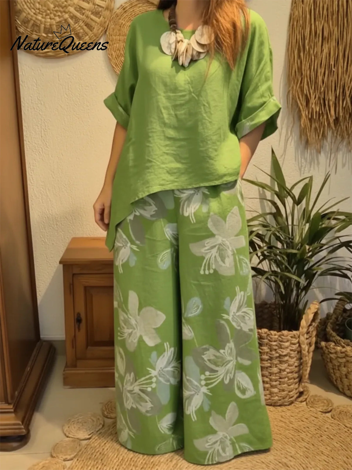 Casual Irregular Hem Linen Top And Pants Two-piece Set