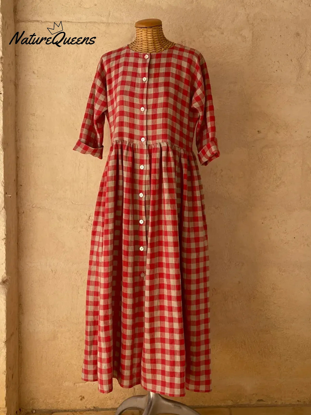 Vintage Plaid Print Button-up Loose Midi Dress