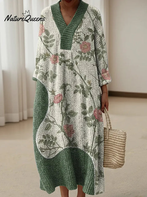 Patchwork Floral Art Print Knitted V-neck Dress