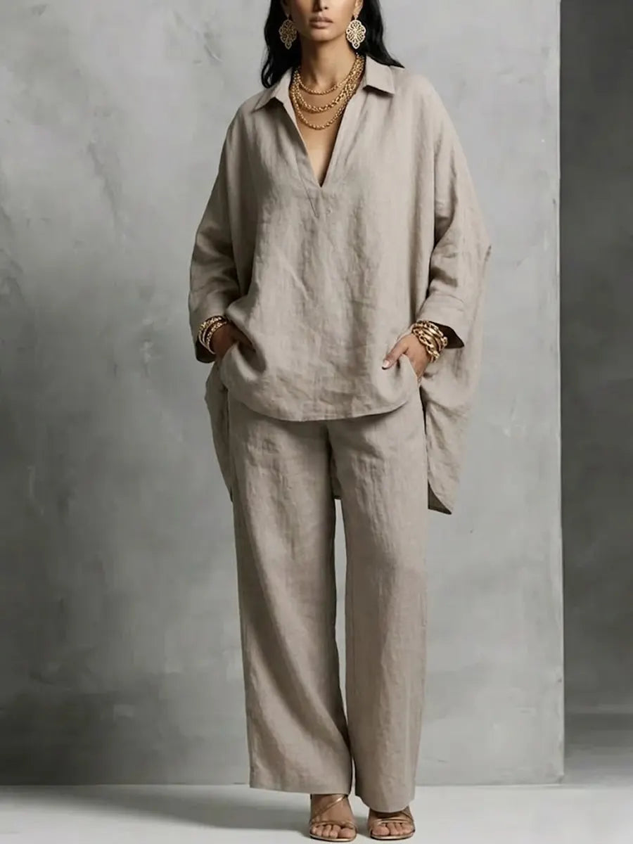 Simple V-neck Cotton And Linen Set