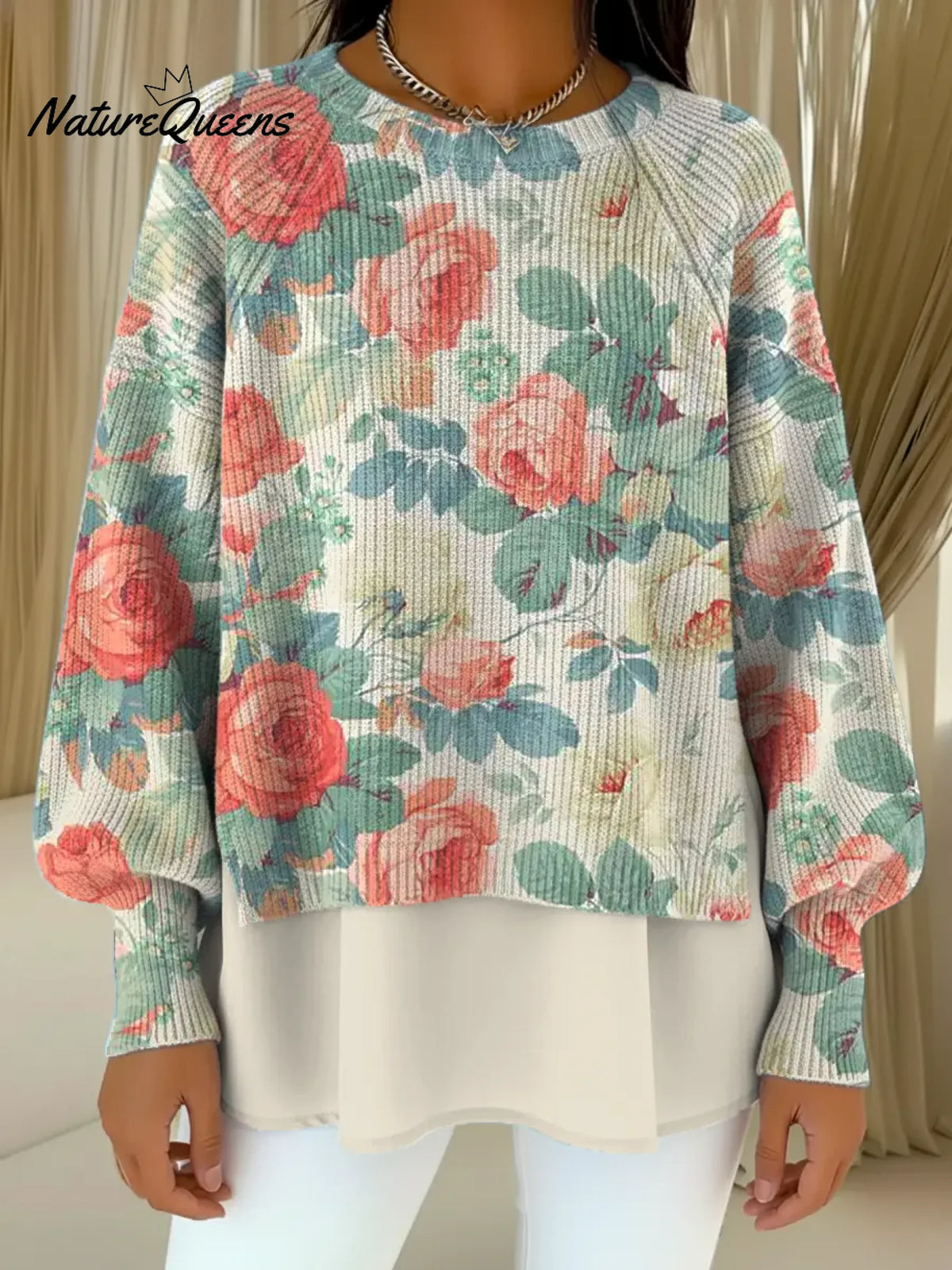 Women's VintageFlowerArt Print Casual Knitted Sweater