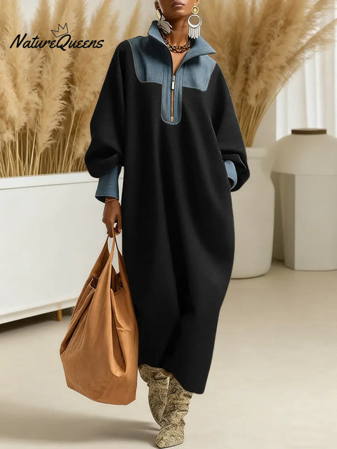 Women's Color-blocked Cardigan Collar Long-sleeved Casual Loose Knit Dress