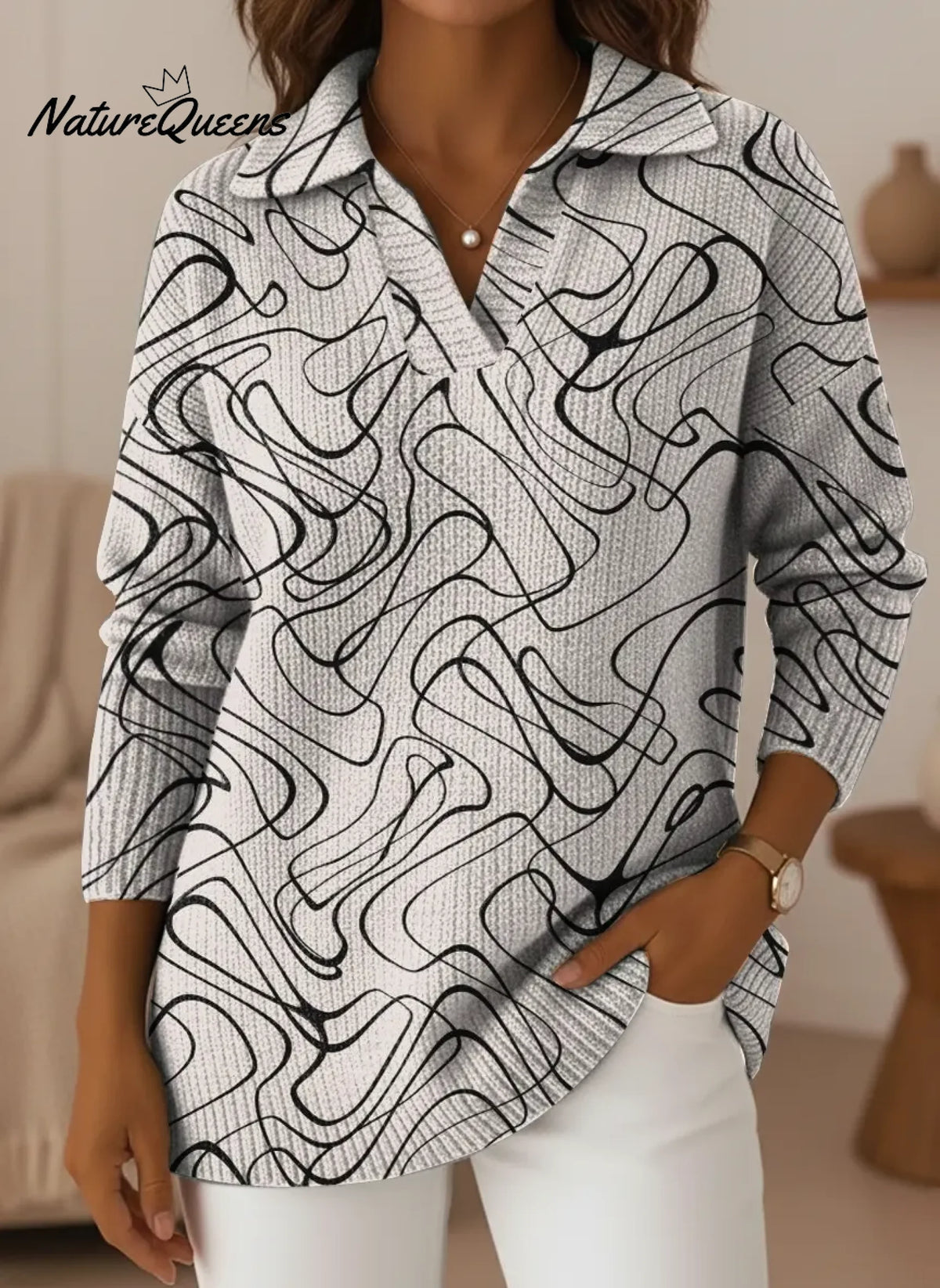 Women's Minimalist Abstract Line Art V-neck Sweater