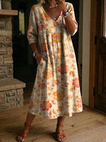 Women's Flower Print Casual Loose-fit Cotton-linen Dress With Lace Trim And Paneling