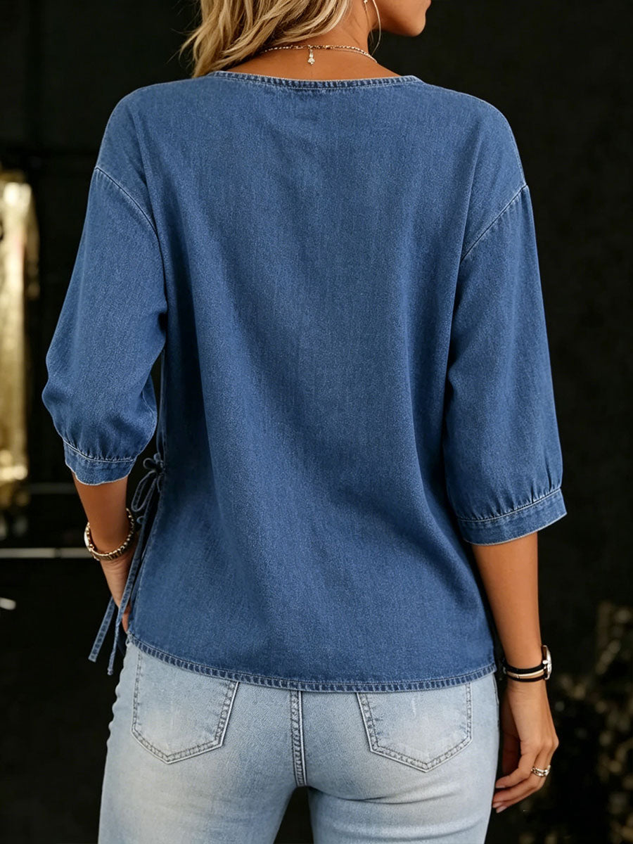 Women's Loose And Comfortable Mid-length Sleeves Round Neck Denim Shirt