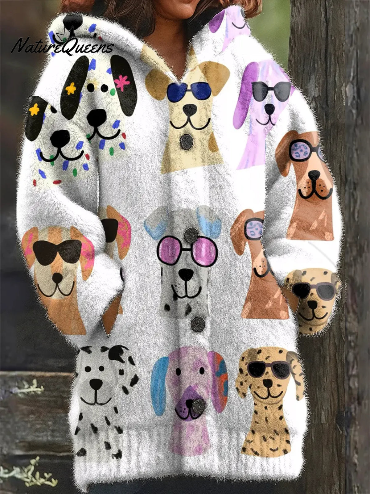 Women's Vintage Funny DogsArt Print Casual Fleece Coat