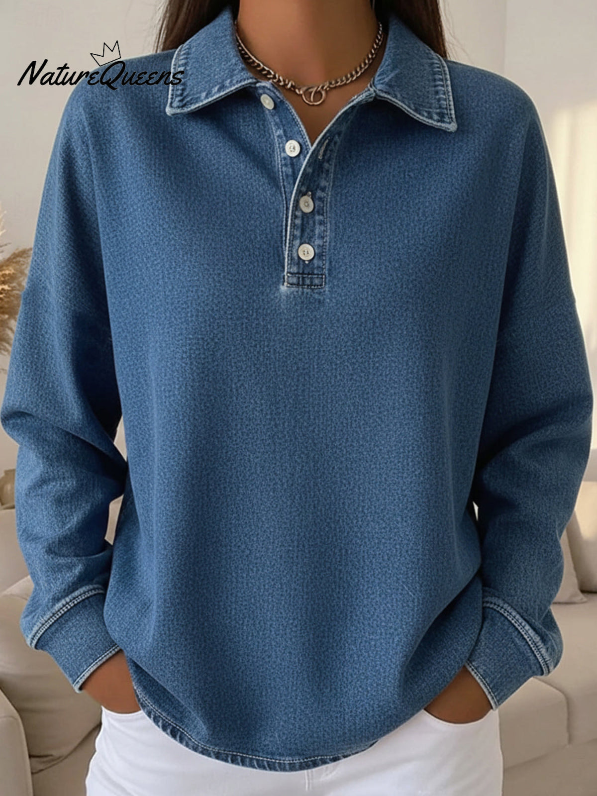 Casual Loose-fitting Polo Button-up Denim Sweatshirt