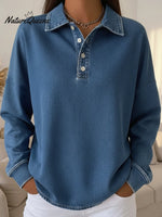 Casual Loose-fitting Polo Button-up Denim Sweatshirt
