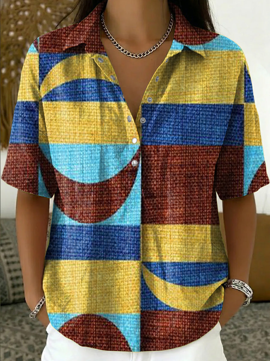 Women's Retro Color-block Loose-fit Cotton-linen Short-sleeve Shirt