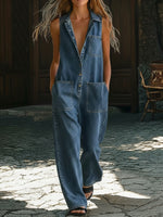 Casual Polo Collar Button-up Denim Jumpsuit