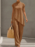 Women's Mock-neck Sleeveless Asymmetrical Hem Top And Pants