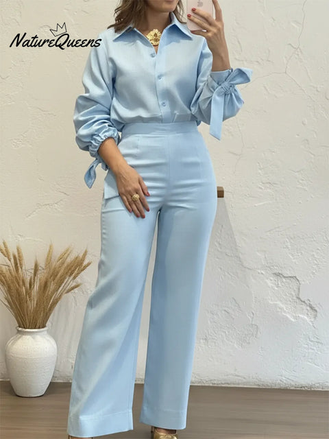 Elegant Cuff Tie Top And Pants Solid Color Linen Two-piece Suit