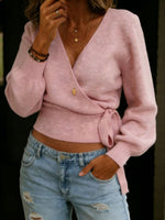 Women's Solid Color V-neck Tie-waist Long-sleeved Sweater