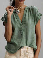 Women's Casual V-neck Short-sleeve Solid-color Cotton-linen Top