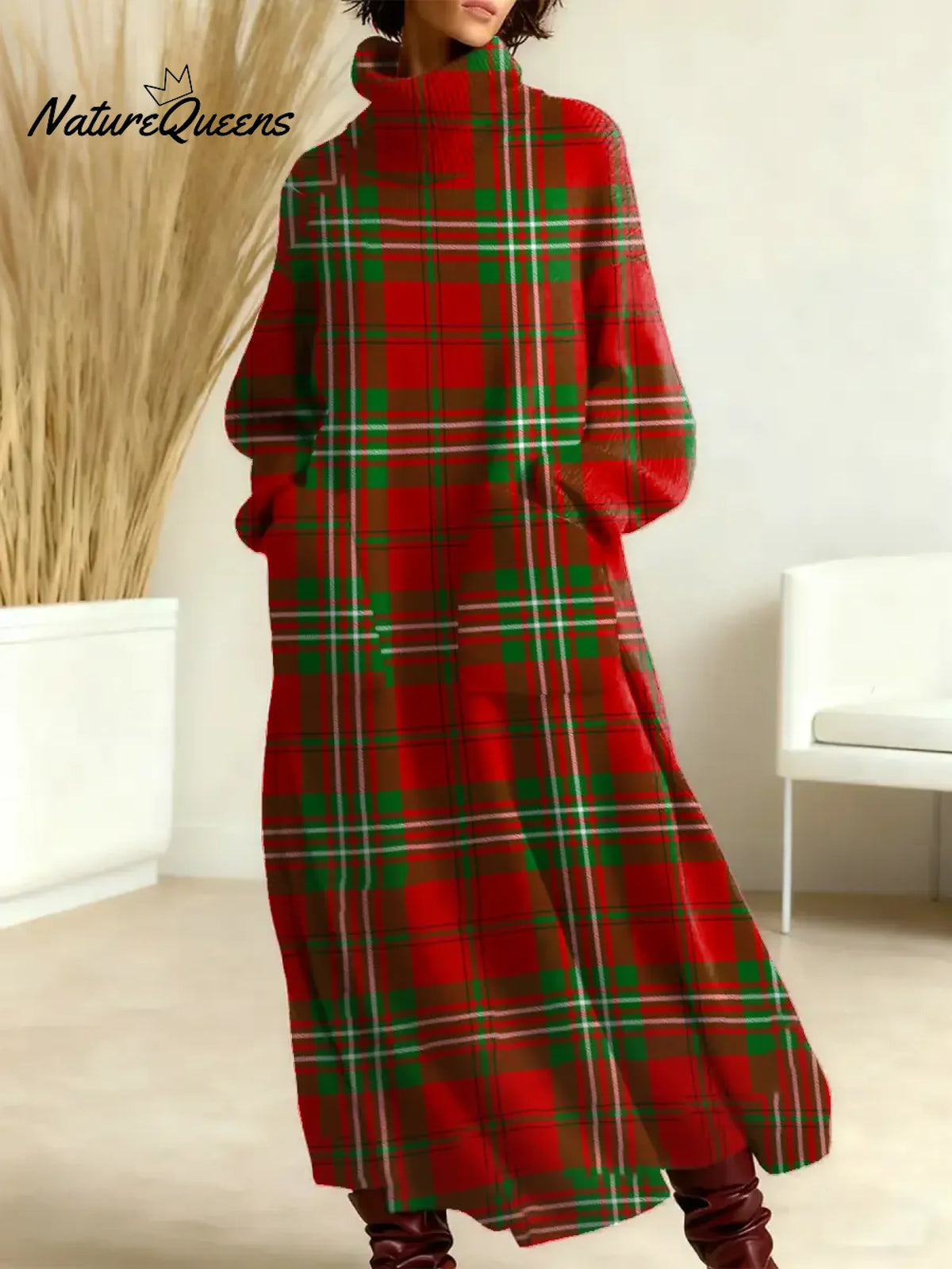 Women's Vintage Plaid Art Print Casual Cotton Knitted Dress