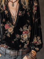 Women's Retro Floral Art Casual Ruffled Velvet Long Sleeve Shirt