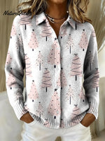 Women's Pink Christmas Tree Printed Collared Sweater