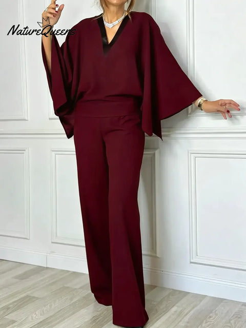 Women's Solid Color V-neck Long-sleeved Casual Loose Cotton Jumpsuit