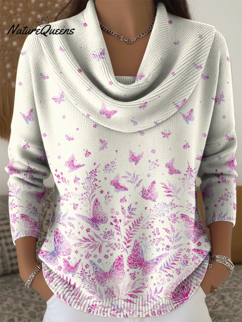 Women's Pink Butterfly Print Cowl Neck Sweater