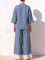 Women's V-neck 3/4 Sleeve Casual Loose Cotton Linen Top High-waisted Casual Loose Color-blocked Wide-leg Pants Cotton Linen Set