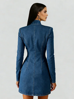 Elegant Stand-collar Button-up Denim Mini Dress
