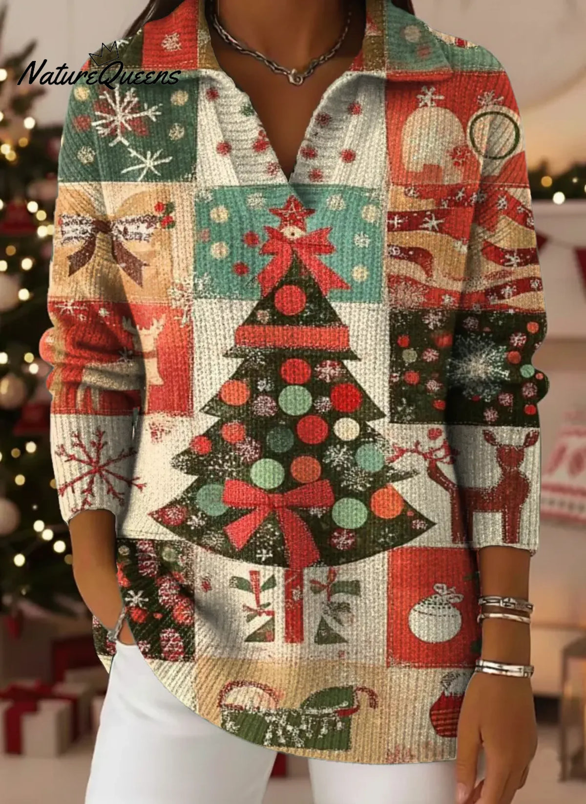 Christmas Patchwork Elements Print Lapel Casual Knit Sweater
