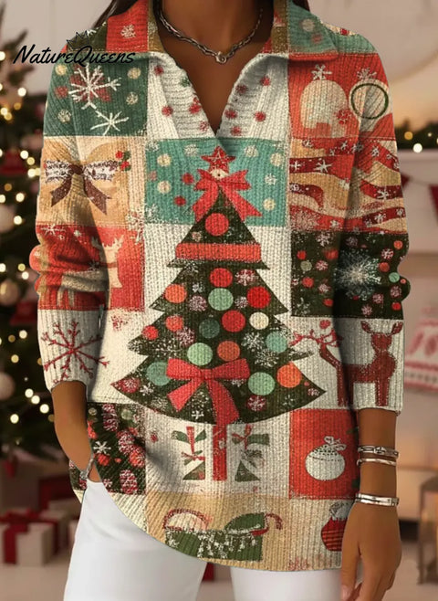 Christmas Patchwork Elements Print Lapel Casual Knit Sweater