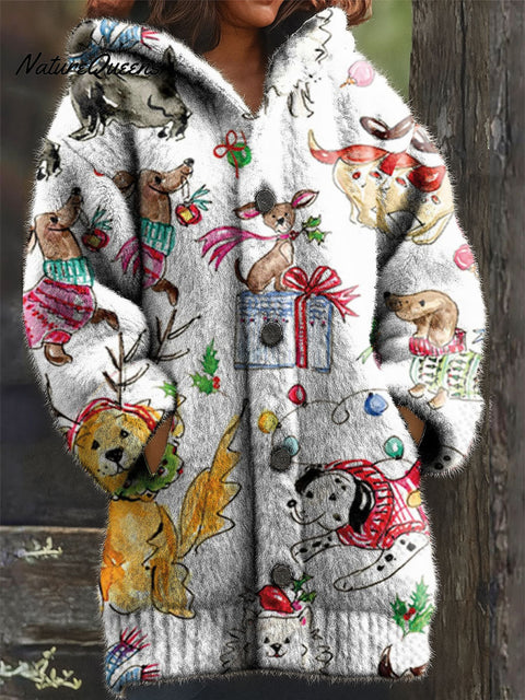 Women's Retro Christmas Snow Cute Animals Dog Art Print Casual Plush Warm Coat