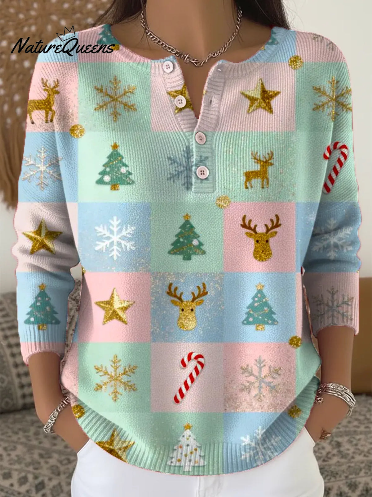 Women's Christmas Pattern Art Print Casual Cardigan Sweater