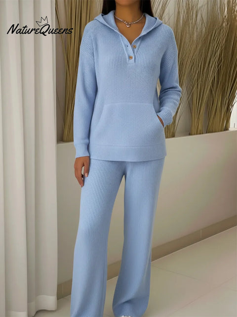 Casual Travel Button Hooded Top and Pants Two-Piece Set