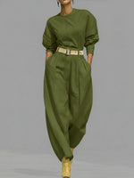 Casual Linen And Cotton Crew-neck Shirt And High-waisted Tapered Trousers Two-piece Set.