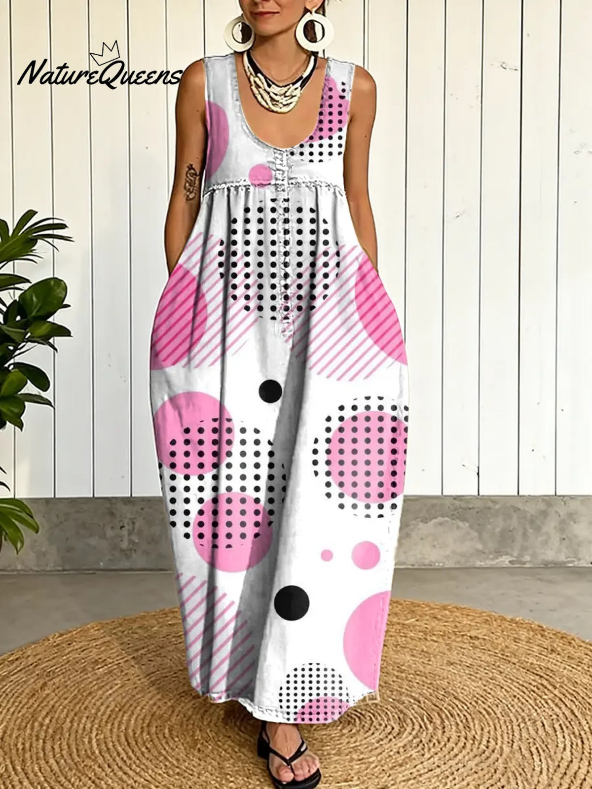 Women's Abstract Geometry Pattern Art Print Casual Cotton Denim Dress