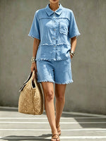 Women's Solid Color Casual Raw-edge Patchwork Shirt And Shorts Set