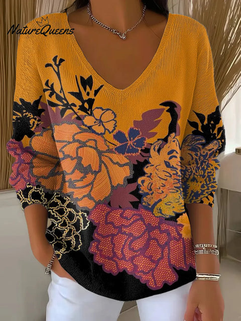 Women's Floral Pattern Art Print Casual V-Neck Sweater