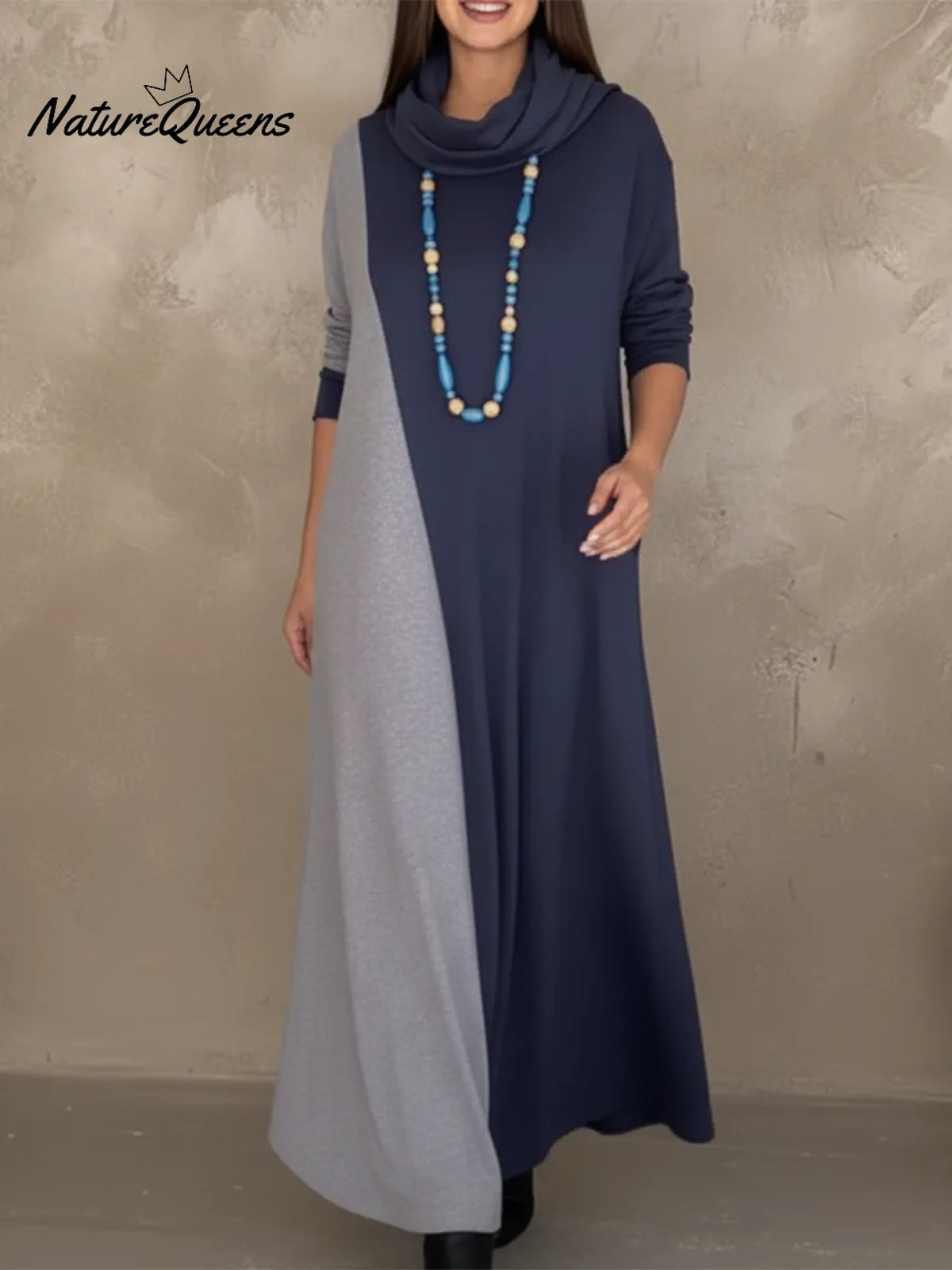 Retro Cowl Collar Color Block Knit Dress