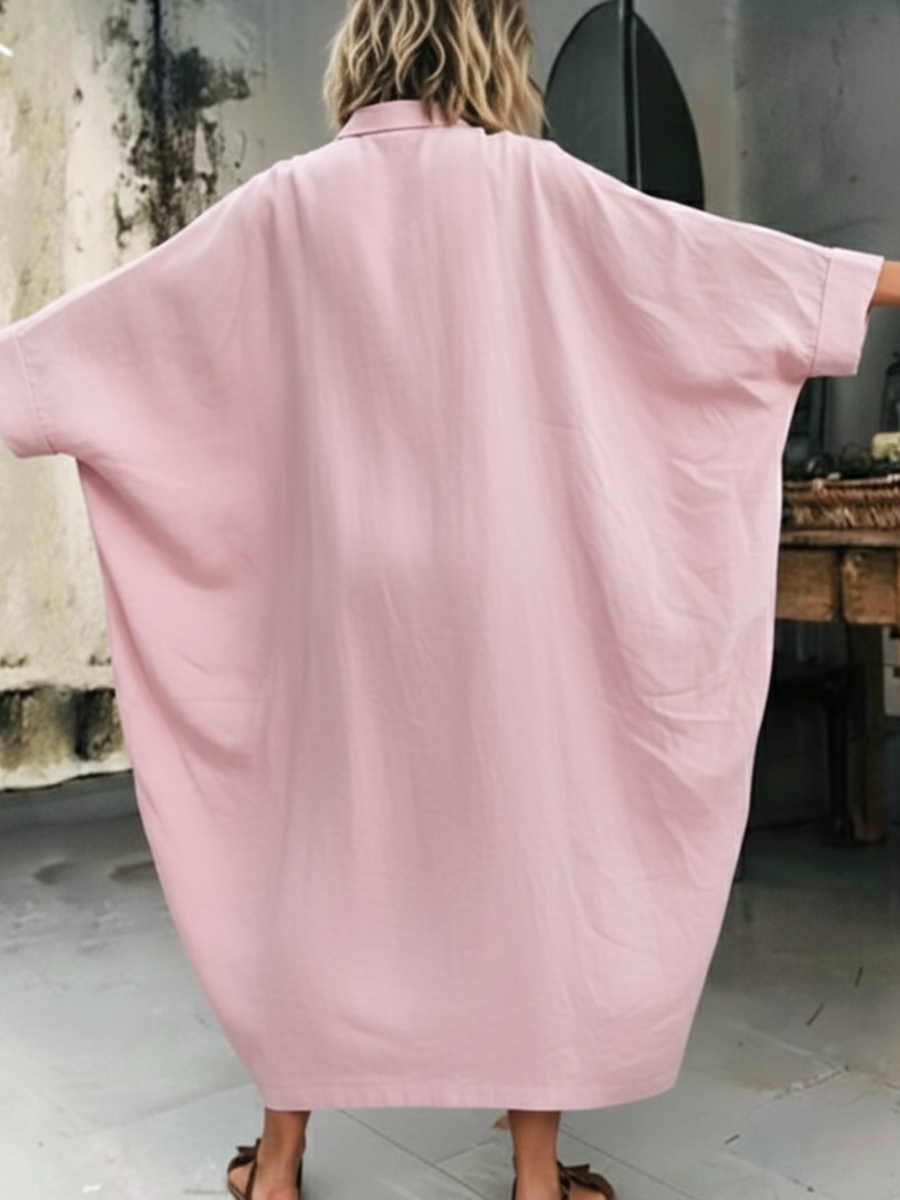 Casual Batwing Sleeve Cotton And Linen Dress