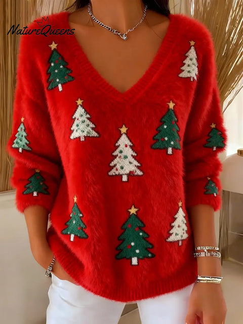 Women's Christmas Funny Tree Art Print Casual Pullover Sweater