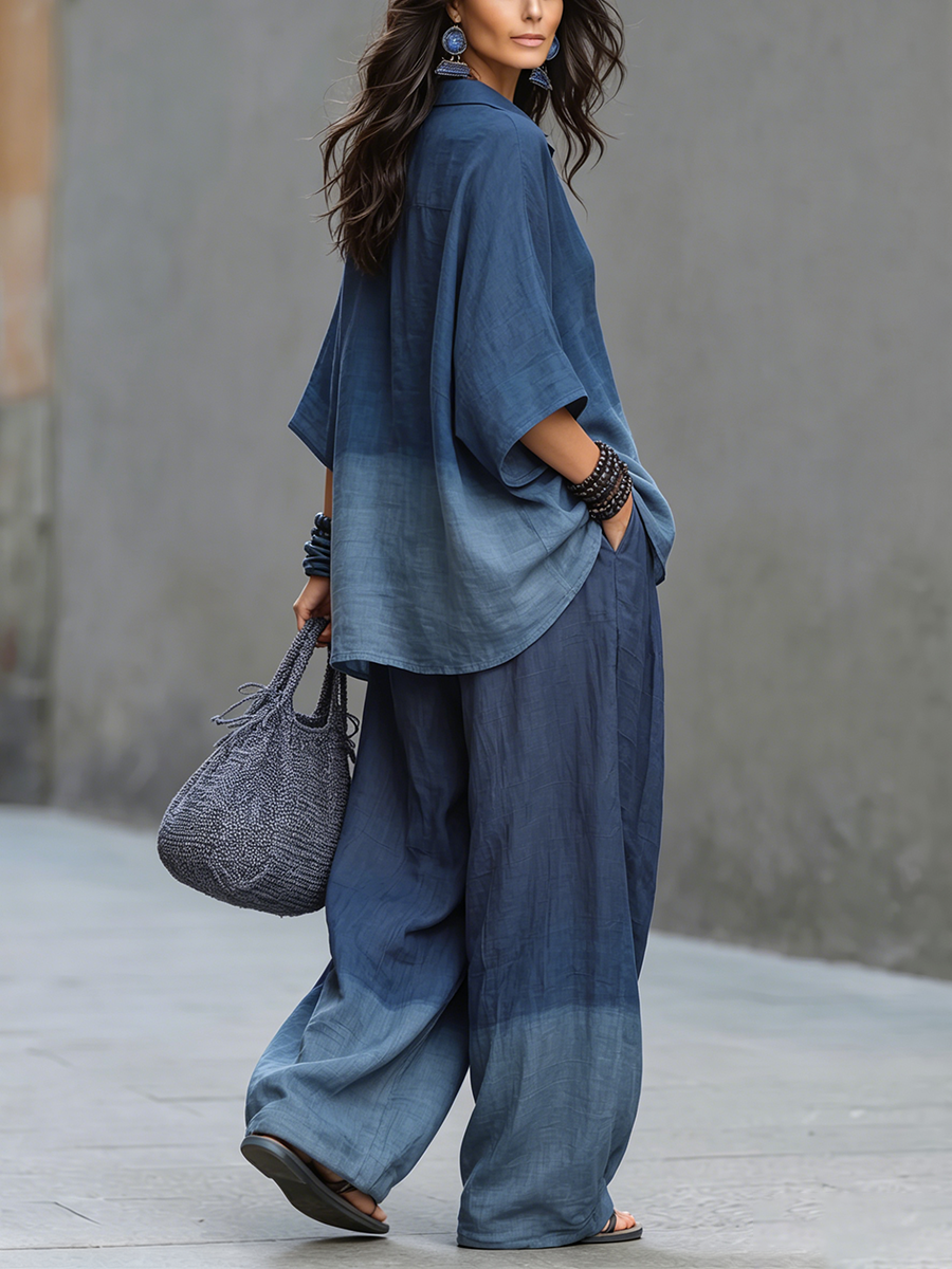 Casual & Cozy Gradient Indigo Cotton Two-piece Set