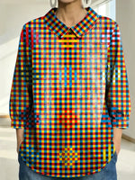 Women's Abstract Plaid Pattern Art Print Casual Denim 3/4 Sleeve Shirt