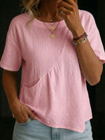 Women's Round-neck Short-sleeve Irregular Hem Cotton-linen Shirt