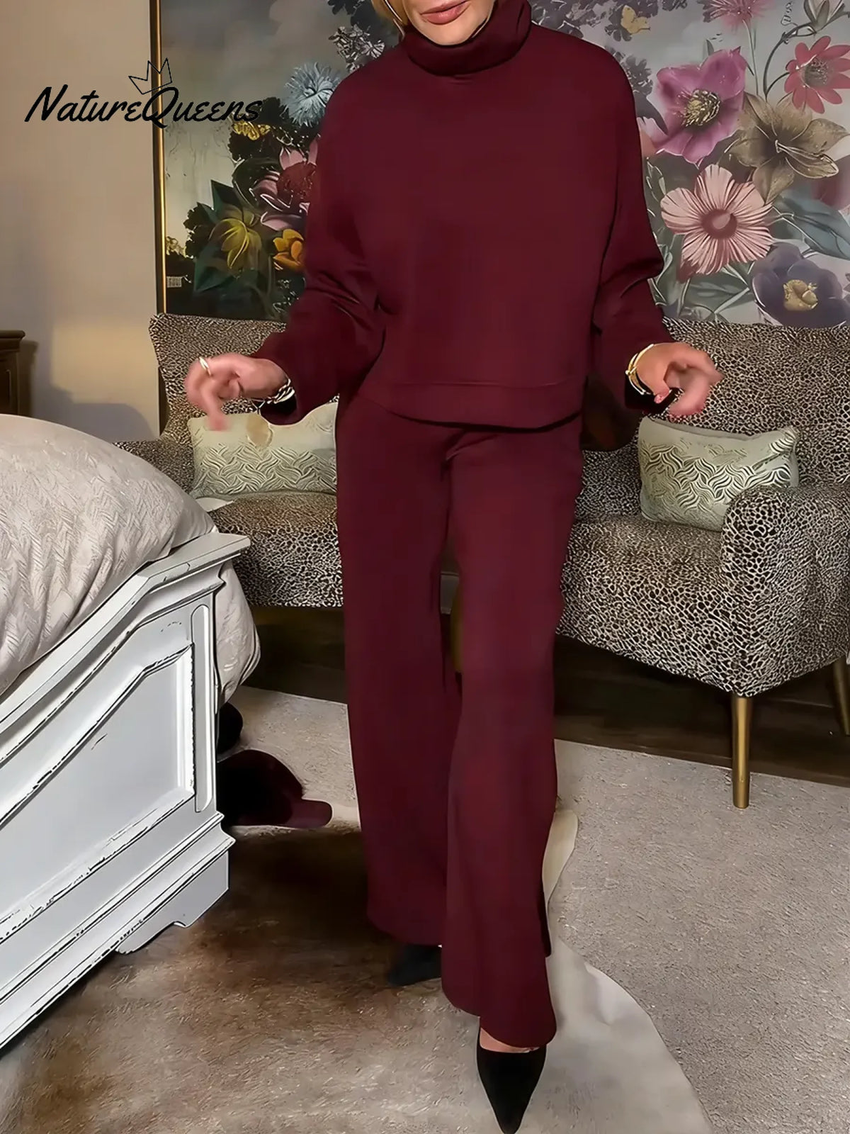 Women's Solid Color Stand-collar Long-sleeved Casual Loose Sweatshirt And High-waisted Wide-leg Pants Set.